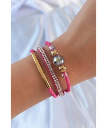 Pembe Renk Zirkon Taşlı Deri Çoklu Bileklik