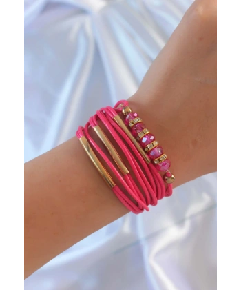 Pembe Renk Zirkon Taşlı Metal Aksesuarlı İpli Çoklu Bileklik