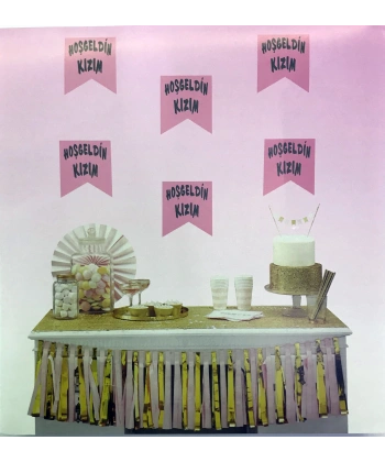 Pembe Üzeri Gümüş Renk Hoşgeldin Kızım Bayrak Süs