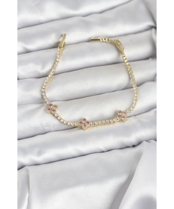Pembe Yonca Detaylı Zirkon Taşlı Gold Renk Pirinç Su Yolu Kadın Bileklik