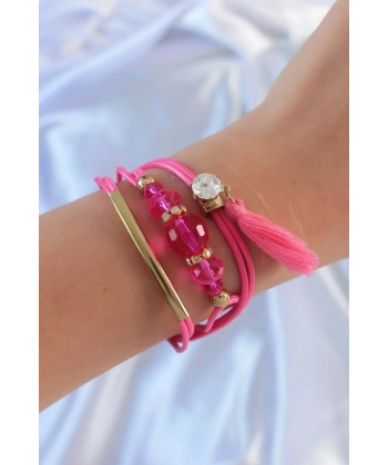Pembe Zirkon Taşlı İpli Püskül Detay Çoklu Bileklik