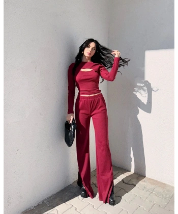 Pencereli detaylı alt üst takım bordo w3864