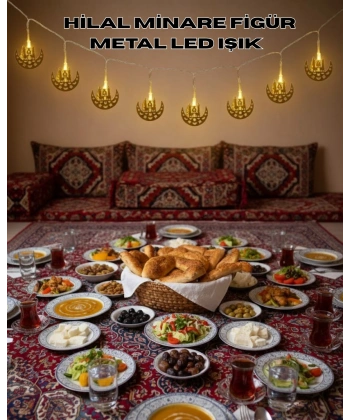 Pilli Minareli Hilal LED Işık Gold Metal Ramazan Dekorasyonu