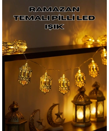 Pilli Ramazan Işıkları Altın Renk Fener Figürlü LED Süsleme