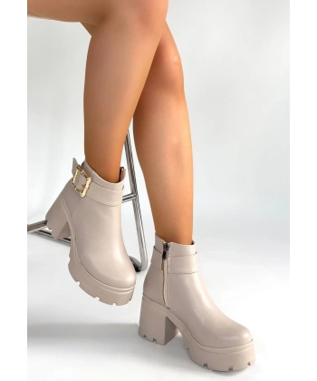 Pinma Bej Cilt Topuklu Bot