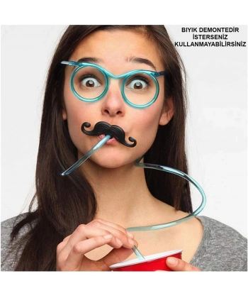 Pipetli Parti Gözlüğü - Çocuk ve Yetişkin Bıyıklı Pipet Gözlük Mavi Renk 18x14 cm