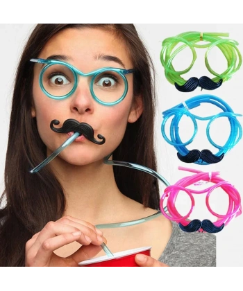Pipetli Parti Gözlüğü - Çocuk ve Yetişkin Bıyıklı Pipet Gözlük Pembe Renk 18x14 cm