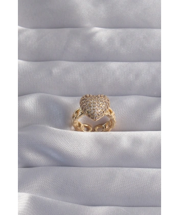 Pirinç Ayarlamalı Gold Renk Zirkon Taşlı Bombeli Kalp Yüzük