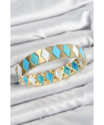 Pirinç Baklava Desenli Mavi Beyaz Gold Renk Lastikli Kadın Bileklik