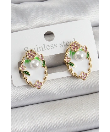 Pirinç Beyaz Mineli İnci Detaylı Sanatsal Portre Model Gold Renk Kadın Küpe