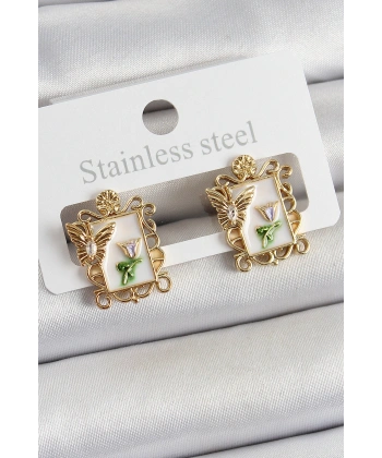 Pirinç Beyaz Mineli Sanatsal Portre Model Gold Renk Kadın Küpe