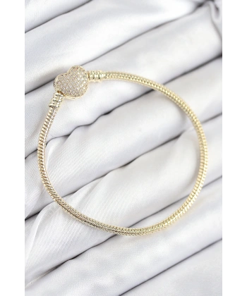 Pirinç Charm Zirkon Taşlı Kalp Model Gold Renk Kadın Bileklik