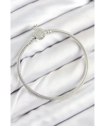 Pirinç Charm Zirkon Taşlı Taç Model Gümüş Renk Kadın Bileklik