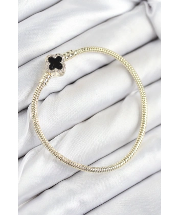 Pirinç Charm Zirkon Taşlı Yonca Model Gold Renk Kadın Bileklik