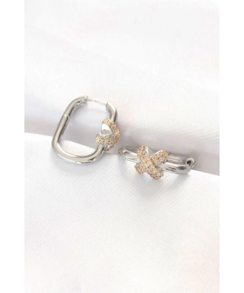 Pirinç Çift Renk Taşlı X Tasarımlı Dikdörtgen Küpe