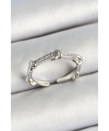 Pirinç Düğüm Figürlü Zirkon Taşlı Gümüş Renk Ayarlanabilir Kadın Yüzük