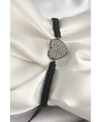 Pirinç Füme Renk Zirkon Taşlı Kalp Figür Asansörlü Makrome Model Kadın Bileklik