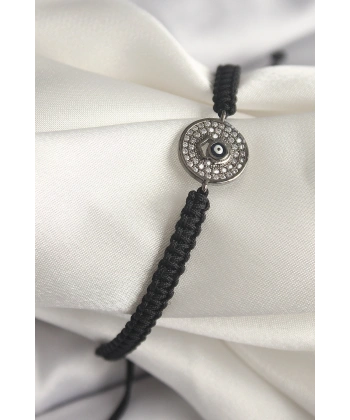 Pirinç Füme Renk Zirkon Taşlı Nazar Boncuk İşleme Makrome Asansörlü Model Kadın Bileklik