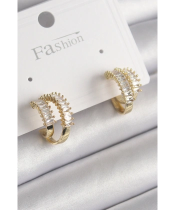 Pirinç Gold Renk 2Li Zirkon Taşlı Halka Model Kadın Küpe