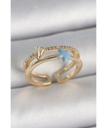 Pirinç Gold Renk 2Li Zirkon Taşlı Mavi Yıldız Figür Ayarlanabilir Kadın Yüzük