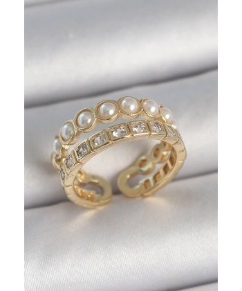 Pirinç Gold Renk 2Li Zirkon Taşlı Ve İncili Ayarlanabilir Kadın Yüzük