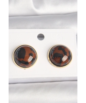 Pirinç Gold Renk 3D Daire Leopar Model Kadın Küpe