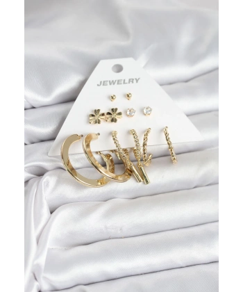 Pirinç Gold Renk 6 Çift Kadın Küpe Seti