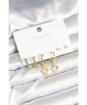 Pirinç Gold Renk 925 Ayar Gümüş Çivili Kadın Küpe Seti