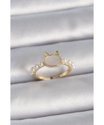 Pirinç Gold Renk Ayarlanabilir Beyaz Mineli Kedi Model İnci Detay Kadın Yüzük