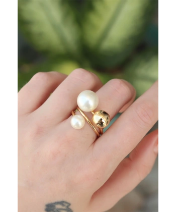 Pirinç Gold Renk Ayarlanabilir İnci Taşlı Yüzük