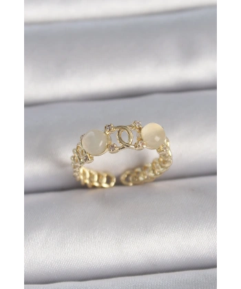 Pirinç Gold Renk Ayarlanabilir Zirkon Taşlı Beyaz Mineli Birleşik Halka Model Kadın Yüzük