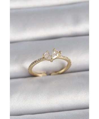 Pirinç Gold Renk Ayarlanabilir Zirkon Taşlı Kalp Model Kadın Yüzük