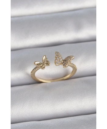 Pirinç Gold Renk Ayarlanabilir Zirkon Taşlı Kelebek Model Kadın Yüzük