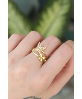 Pirinç Gold Renk Ayarlanabilir Zirkon Taşlı Kelebek Yüzük