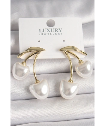 Pirinç Gold Renk Beyaz İnci Kiraz Model Kadın Küpe