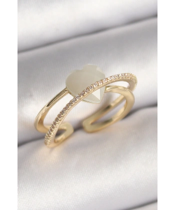 Pirinç Gold Renk Beyaz Kristal Kalp Model Zirkon Taş Detay Kadın Yüzük