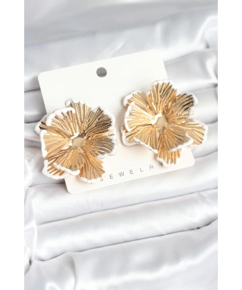 Pirinç Gold Renk Beyaz Mine Detaylı Lotus Kadın Küpe