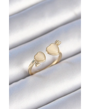 Pirinç Gold Renk Beyaz Mineli Kalp Model Kadın Yüzük