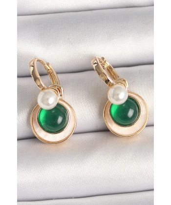 Pirinç Gold Renk Beyaz Yeşil Sallantı Mineli Kadın Küpe