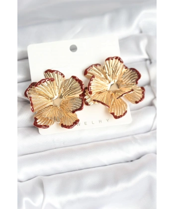Pirinç Gold Renk Bordo Renk Detaylı Lotus Kadın Küpe