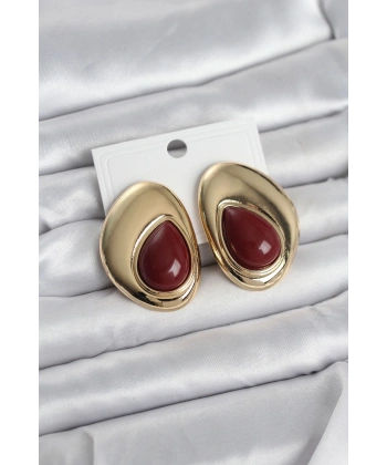 Pirinç Gold Renk Bordo Taşlı Damla Model Vintage Kadın Küpe