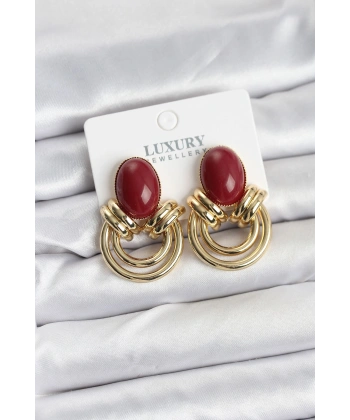 Pirinç Gold Renk Bordo Taşlı Vintage Kadın Küpe