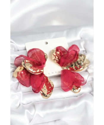 Pirinç Gold Renk Bordo Tüllü Lotus Kadın Küpe