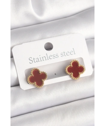 Pirinç Gold Renk Bordo Yonca Model Kadın Küpe