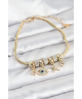 Pirinç Gold Renk Göz Model Charmlı Kadın Bileklik