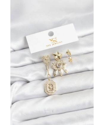 Pirinç Gold Renk Göz ve Kutup Yıldızı Model YSX Trio Küpe Seti