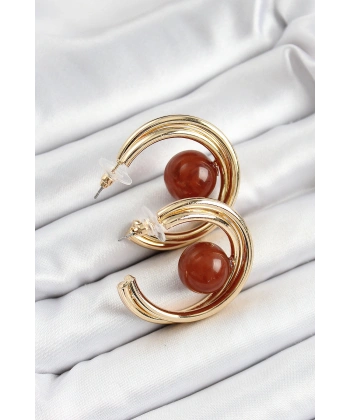 Pirinç Gold Renk Halka Model Kahverengi Boncuk Detay Kadın Küpe