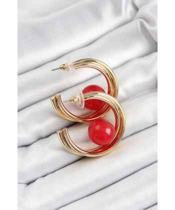 Pirinç Gold Renk Halka Model Kırmızı Boncuk Detay Kadın Küpe