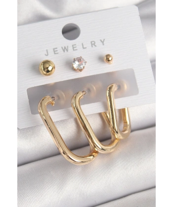 Pirinç Gold Renk Halka Model Zirkon Taş Topçuk Detay Kadın Küpe Seti