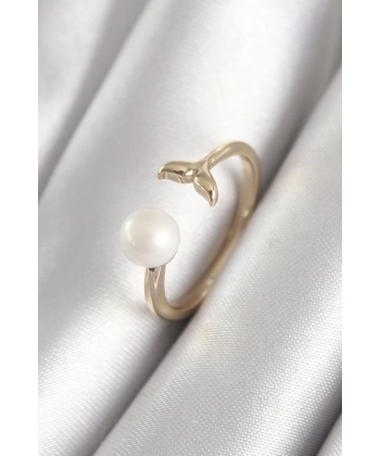 Pirinç Gold Renk İnci Top Figür Balık Kuyruğu Model Kadın Yüzük